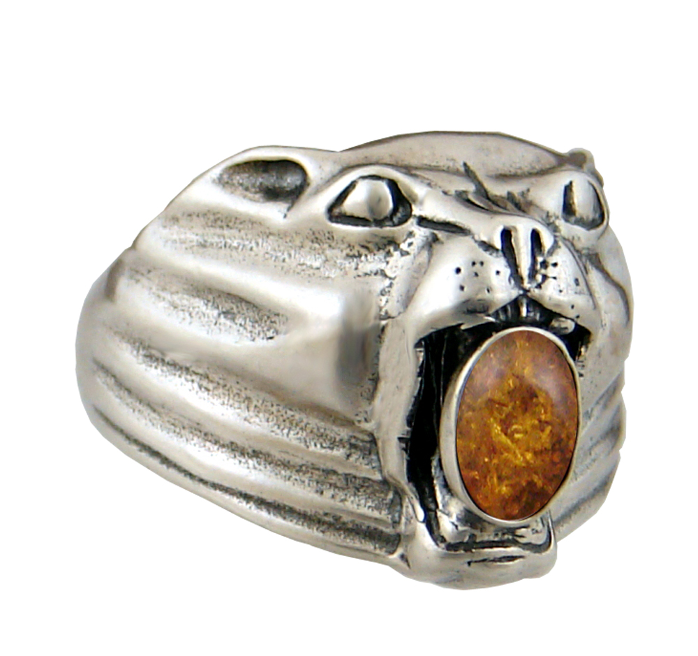 Sterling Silver Cougar Jaguar Panther Ring With Amber Size 7